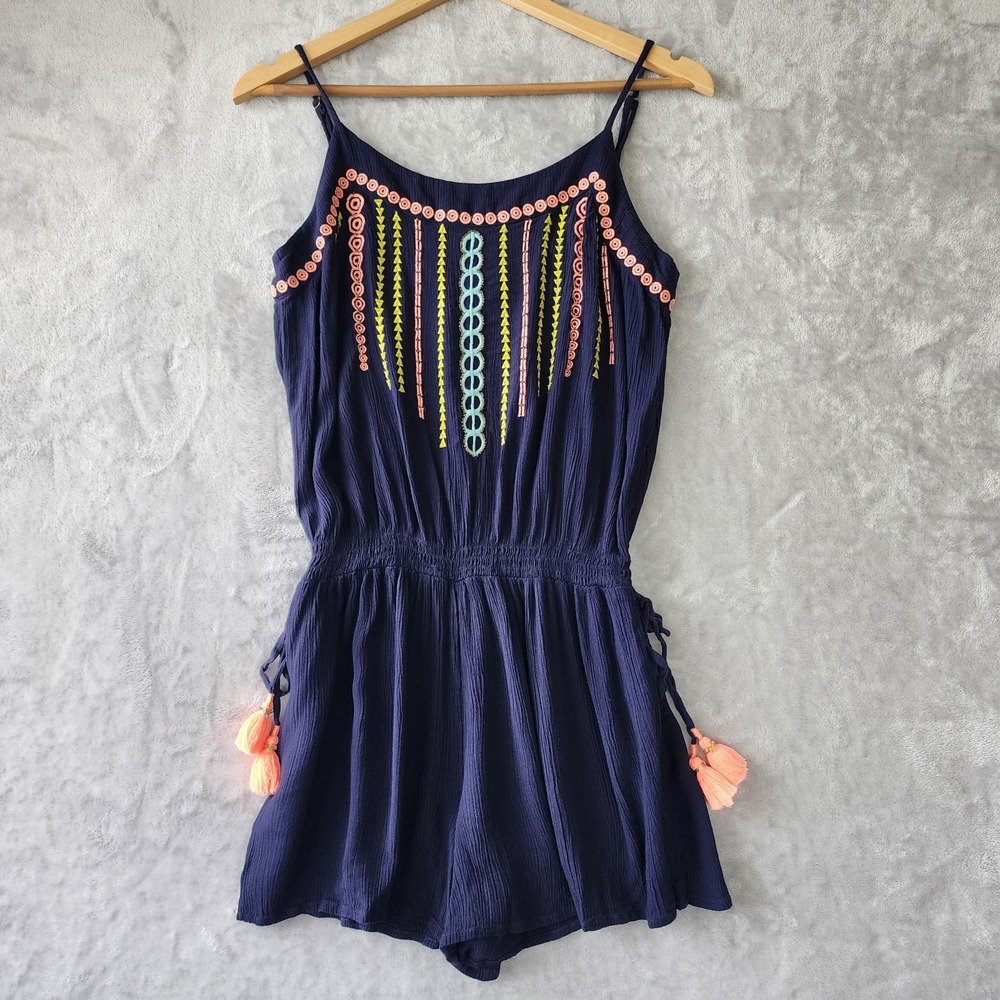 Lilly Pulitzer Beeler Romper Womens Small Navy Blue Shorts Embriodered Fringe